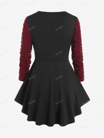 Plus Size Cable Knit Panel Mixed Media Lace Up Tee