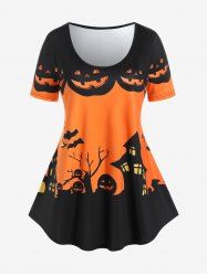 T-shirt D'Halloween à Imprimé Château et Citrouille de Grande Taille - Orange 1X | US 14-16
