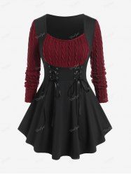 Plus Size Cable Knit Panel Mixed Media Lace Up Tee -  