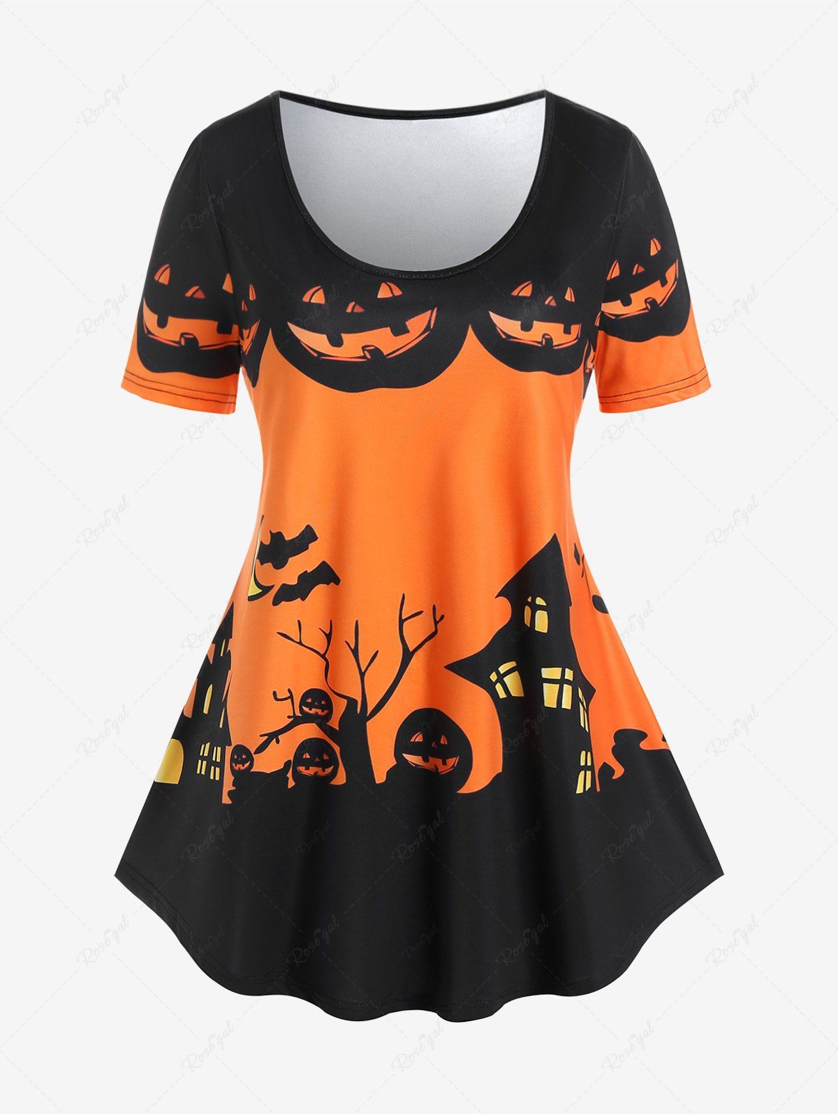 T-shirt D'Halloween à Imprimé Château et Citrouille de Grande Taille Orange L | US 12