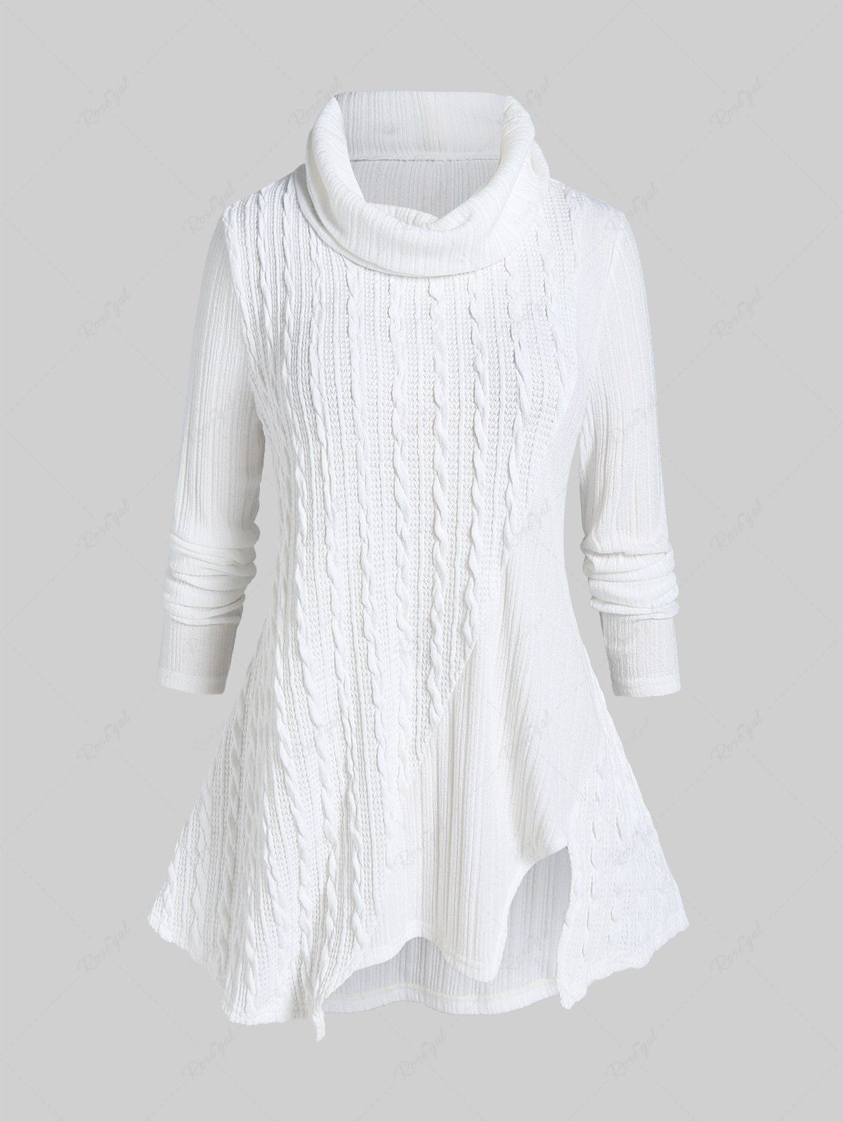Shop Plus Size Asymmetric Cowl Neck Cable Knit Sweater  