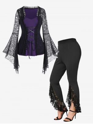 Bell Sleeve Skull Lace Gothic Tee and Floral Lace Insert Slit Bell Pants Outfit