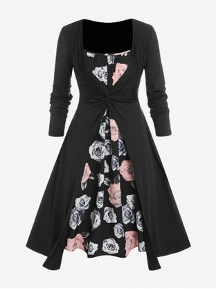 Plus Size Front Twist Top and Rose Print Midi Cami Dress Set