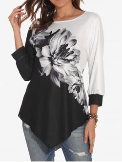 Plus Size Asymmetric Floral Print Colorblock T-shirt - BLACK - XL