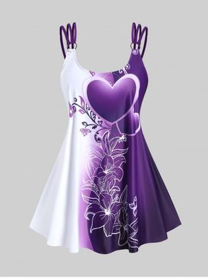 Plus Size Colorblock Heart Floral Print Modest Tankini Top