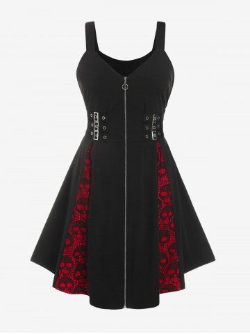 Gothic Full Zipper Buckles Skull Lace Dress - BLACK - 1X | US 14-16