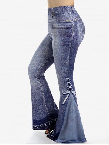 Plus Size 3D Jeans Lace-up Pattern Printed Pull On Flare Pants - LIGHT BLUE - L | US 12