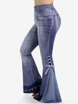 Plus Size 3D Jeans Lace-up Pattern Printed Pull On Flare Pants - LIGHT BLUE - 1X | US 14-16