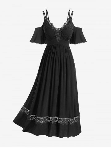 Plus Size Lace Panel Cold Shoulder Maxi Dress - BLACK - M | US 10