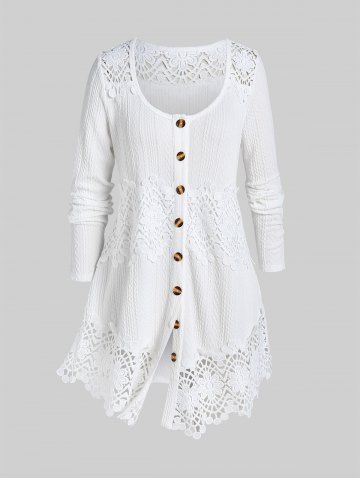 Plus Size Lace Panel Cable Knit Solid Long Sleeves Cardigan - WHITE - 1X | US 14-16