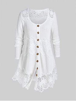 Plus Size Lace Panel Cable Knit Solid Long Sleeves Cardigan - WHITE - 1X | US 14-16