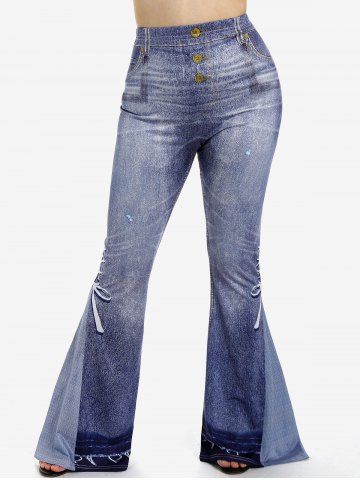 Plus Size 3D Jeans Lace-up Pattern Printed Pull On Flare 70s 80s Disco Pants