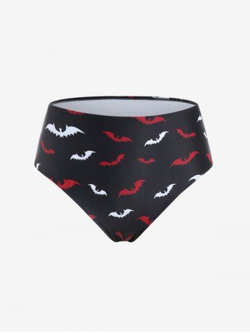 Plus Size Halloween High Waist Bat Print Swim Bikini Brief - BLACK - M | US 10