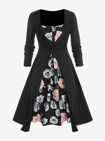 Plus Size Front Twist Top and Rose Print Midi Cami Dress Set - BLACK - 3X | US 22-24