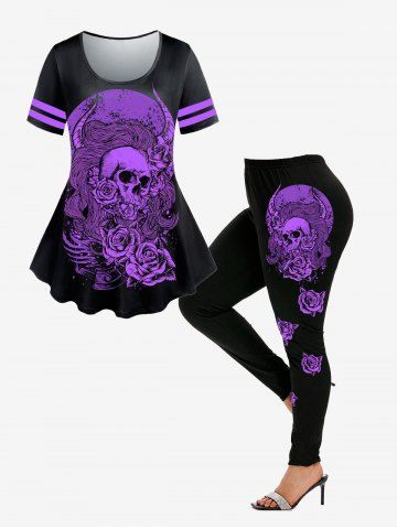 Gothic Skull Rose Print T-shirt and Gothic High Rise Skull Rose Print Leggings Plus Size Bundle - BLACK