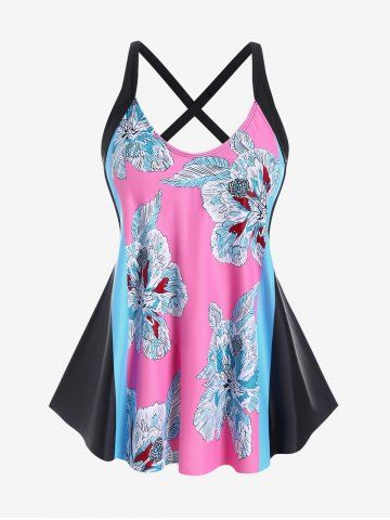 Plus Size Floral Print Colorblock Padded Swim Tankini Top - BLACK - M | US 10