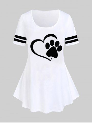 Plus Size Cat Paw Heart Printed Short Sleeves Tee - WHITE - L | US 12