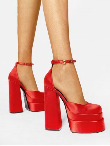 Pair Of Satin Platform Chunky Heels Ankle Strap Pumps Thick Bottom Shoes - RED - EU 37