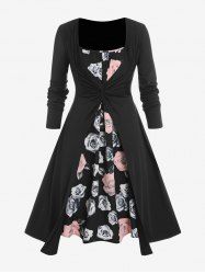 Plus Size Front Twist Top and Rose Print Midi Cami Dress Set -  