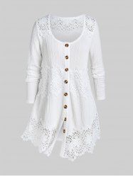 Plus Size Lace Panel Cable Knit Solid Long Sleeves Cardigan -  