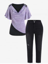 Plus Size Cowl Neck Colorblock Flare Sleeve T-shirt and Ripped Frayed Jeans Outfit -  