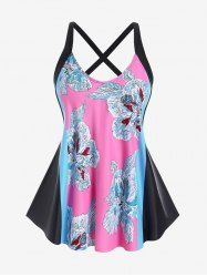 Plus Size Floral Print Colorblock Padded Swim Tankini Top -  