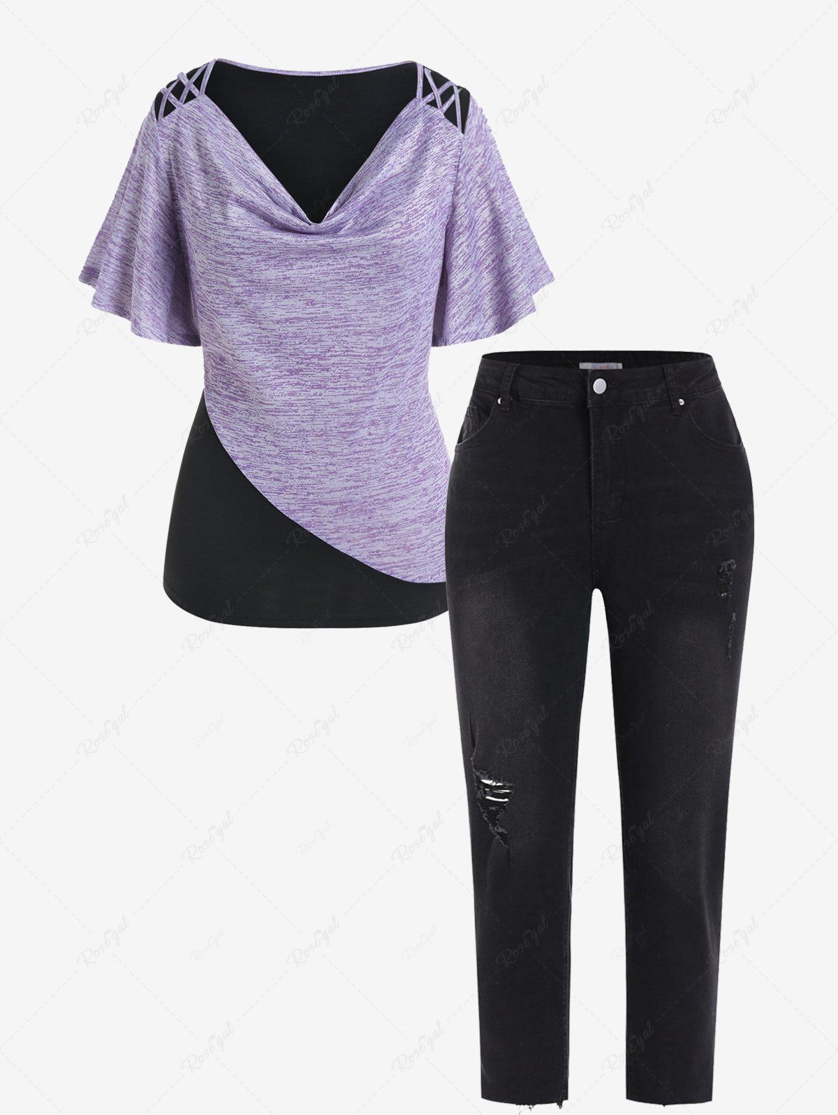 Discount Plus Size Cowl Neck Colorblock Flare Sleeve T-shirt and Ripped Frayed Jeans Outfit  
