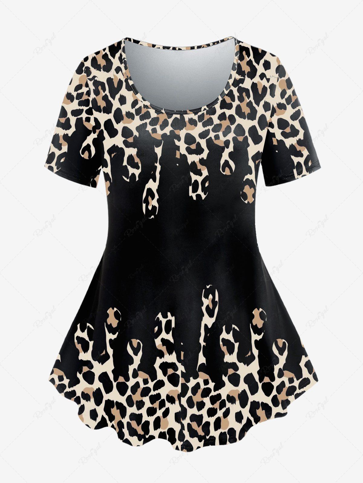 T-shirt à Imprimé Animal Léopard de Grande Taille Noir 5x | US 30-32