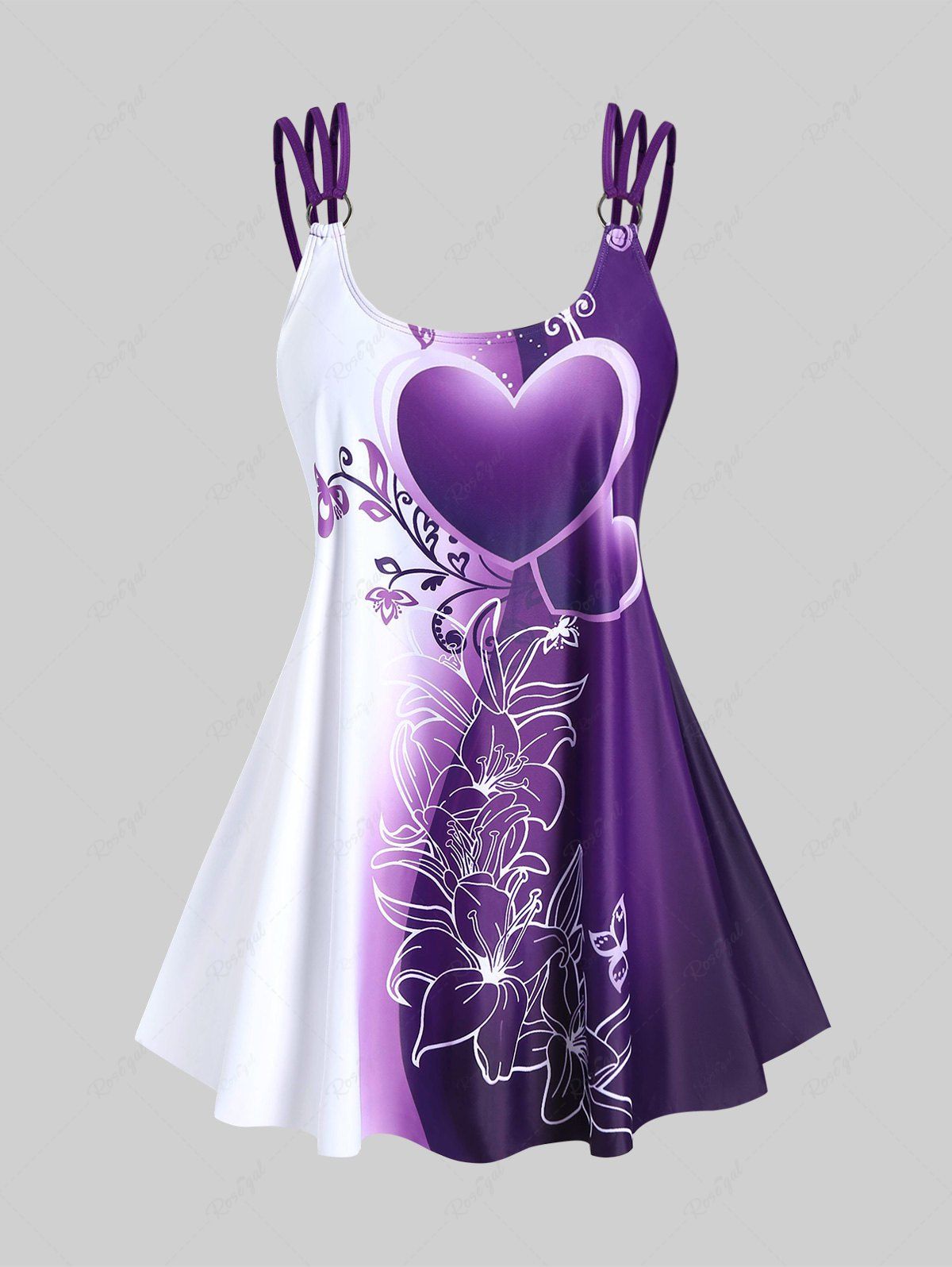 Sale Plus Size Colorblock Heart Floral Print Modest Tankini Top  