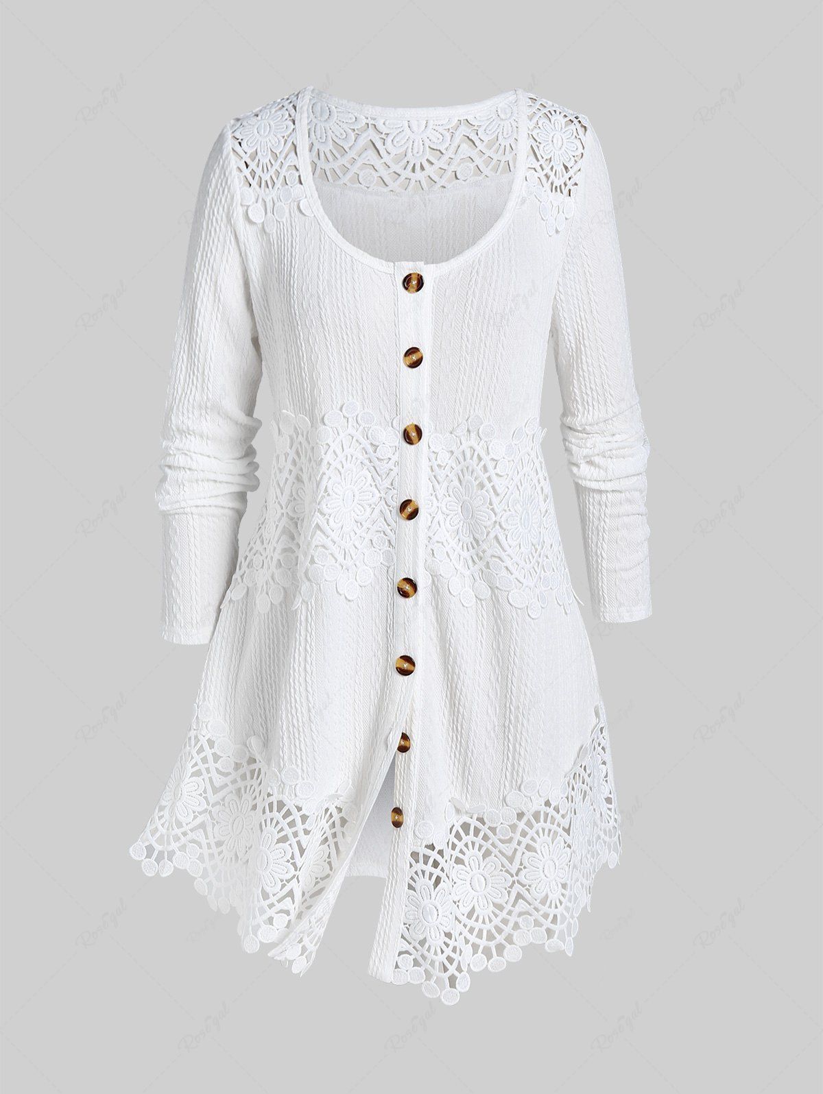 Sale Plus Size Lace Panel Cable Knit Solid Long Sleeves Cardigan  
