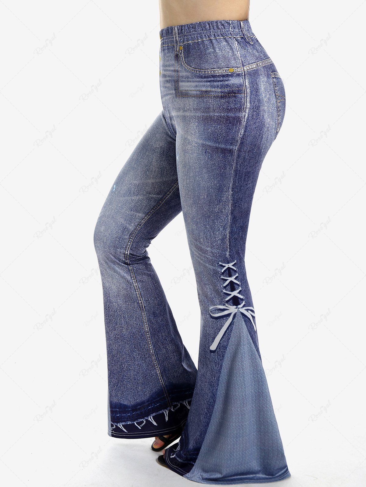 Pantalon Evasé Motif de 3D Jean Imprimé de Grande Taille à Lacets Bleu clair 1x | US 14-16