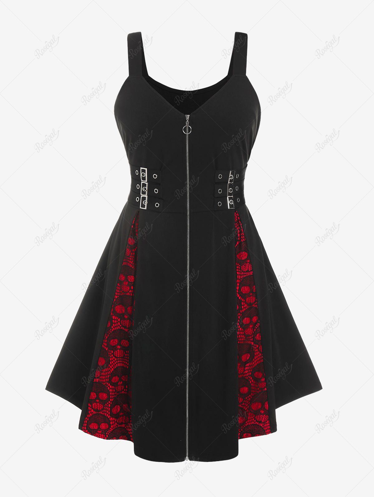 Fancy Gothic Full Zipper Buckles Skull Lace Dress  