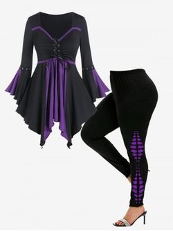 Flare Sleeves Lace Up Contrast Hanky Hem Tee and Gothic Skeleton Printed Leggings Outfit - PURPLE