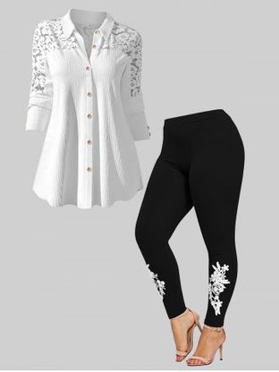 Lace Panel Crinkle Button Up Shirt and Appliqued Skinny Leggings Plus Size Outfit