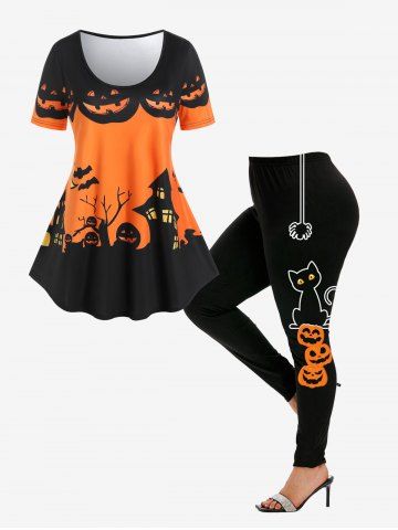 Pumpkin Castle Print Halloween Tee and Halloween Pumpkin Cat Spiders Print Leggings Plus Size Outfit - ORANGE