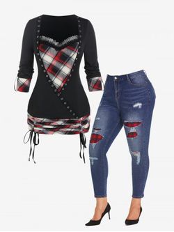 Plus Size Grommets 2 in 1 Plaid Cinched Plaid T-shirt and Ripped Jeans Outfit - MULTI