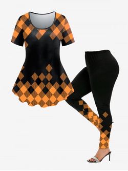 Geometric Argyle Print Two Tone Plus Size Matching Set Outfit - DARK ORANGE