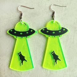 Halloween UFO Alien Neon Acrylic Drop Earrings - GREEN