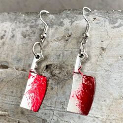 Gothic Horror Bloodstained Kitchen Knife Drop Earrings - RED
