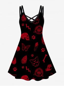 Gothic Printed Crisscross Knee Length Dress - RED - 1X | US 14-16
