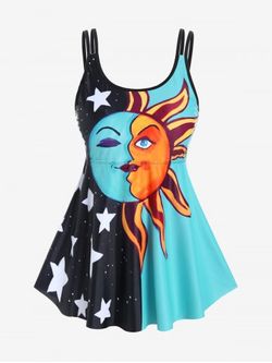 Plus Size Colorblock Backless Sun Moon Print Padded Swim Top - LIGHT BLUE - 1X | US 14-16