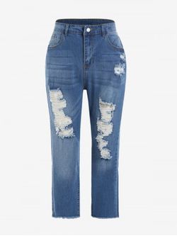 Plus Size Ripped Cat's Whiskers High Waisted Frayed Jeans - LIGHT BLUE - 4XL