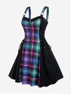 Plus Size Half Zipper Lace Up Plaid Dress - BLACK - L | US 12