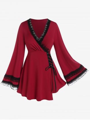 Plus Size Lace Panel Flare Sleeves Surplice Tee with Lace-up