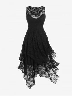 Plus Size Sheer Lace Layered Handkerchief Sleeveless Midi Dress - BLACK - L | US 12