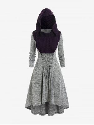 Plus Size Hooded Cable Knit Panel Lace Up High Low Midi Dress