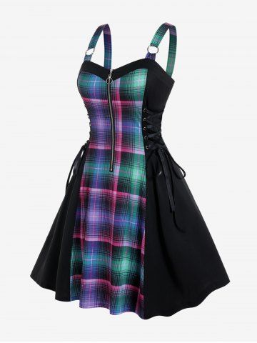 Plus Size Half Zipper Lace Up Plaid Dress - BLACK - 5X | US 30-32