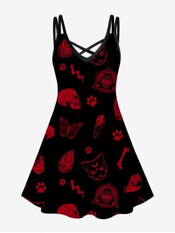 Gothic Printed Crisscross Knee Length Dress - RED - M | US 10
