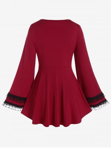Plus Size Lace Panel Flare Sleeves Surplice Tee with Lace-up