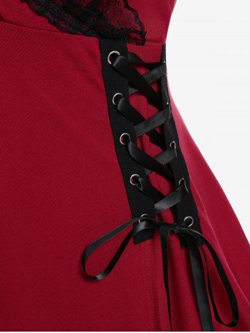 Plus Size Lace Panel Flare Sleeves Surplice Tee with Lace-up